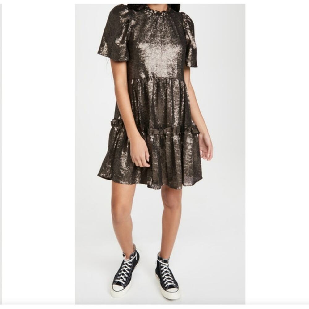 Sea New York Rachelle Puff Sleeve Dress in Bronze Size Large NWT Pockets